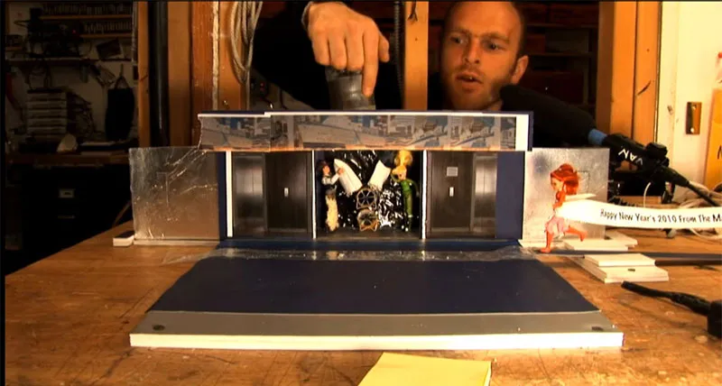 A photo of the small-scale model Van Neistat created of the Maritime Hotel elevators.